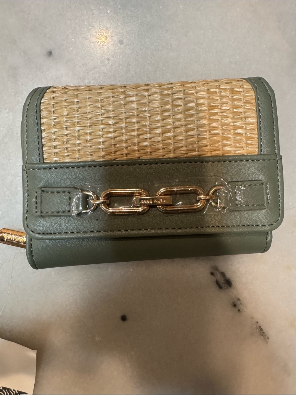 Anne Klein Olive Green and Natural Woven Compact Wallet with Gold Chain Accent